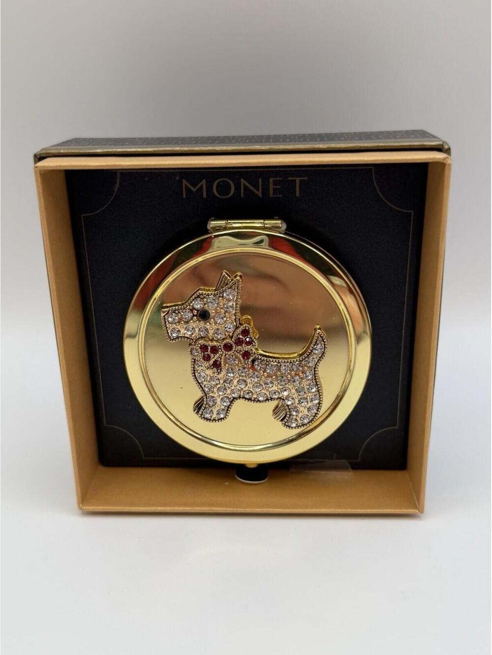NIB Monet Scottie Terrier Dog Gold Tone & Rhinestone Compact Sealed